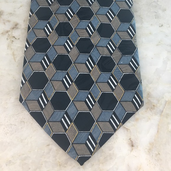 GEOMETRIC BLACK GRAY TAN NECKTIE - Picture 1 of 6